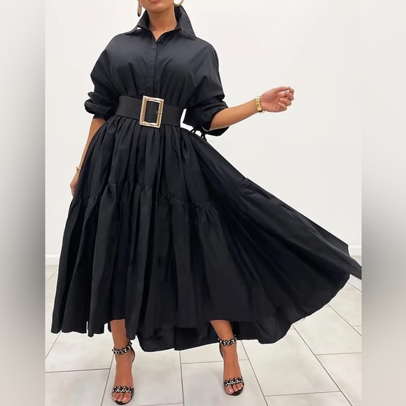 Women's Casual Ruffle Long Sleeve Shirt Dress White Loose Maxi Dress - Picture 4 of 11